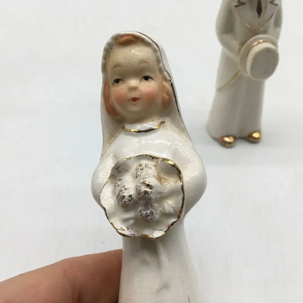 Vtg Porcelain Bride and Groom Wedding Topper White Gold 5” Japan READ Distressed